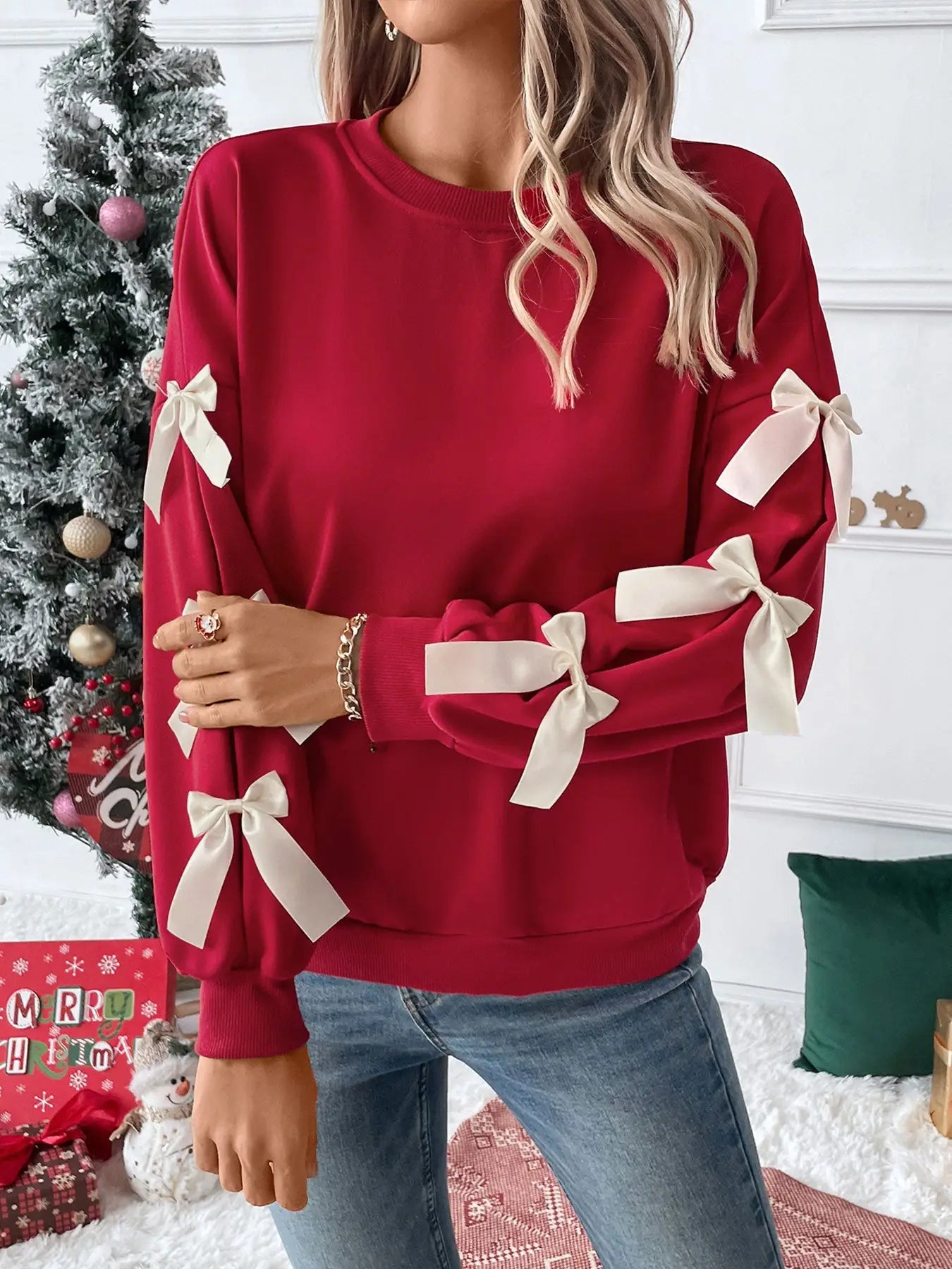 Bow Sleeve Round Neck Long Sleeve Sweatshirt - Pre-Order