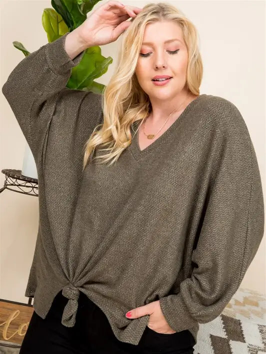 PRE-ORDER: Brushed Terry Casual V Neck Front Knot Tunic Top