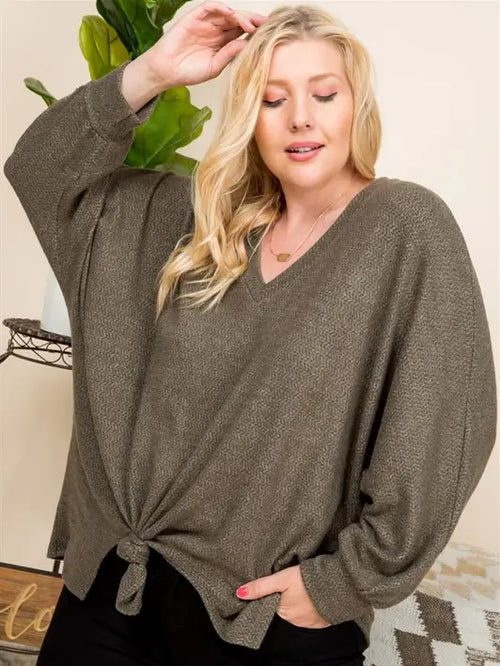 PRE-ORDER: Brushed Terry Casual V Neck Front Knot Tunic Top