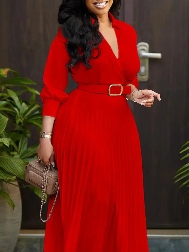 PRE-ORDER: Solid Color Plus-Size Long-Sleeved Waist Dress
