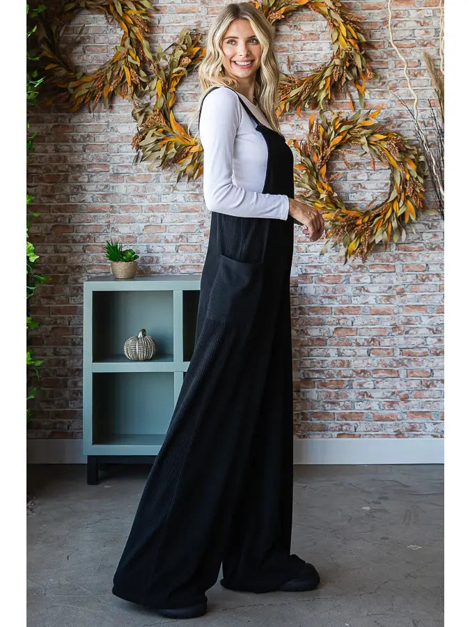 PRE-ORDER: Rib Knit Wide Leg Adjustable Strap Overall Jumpsuit