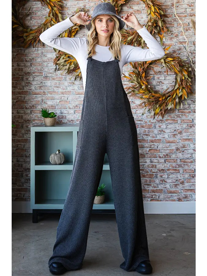 PRE-ORDER: Rib Knit Wide Leg Adjustable Strap Overall Jumpsuit