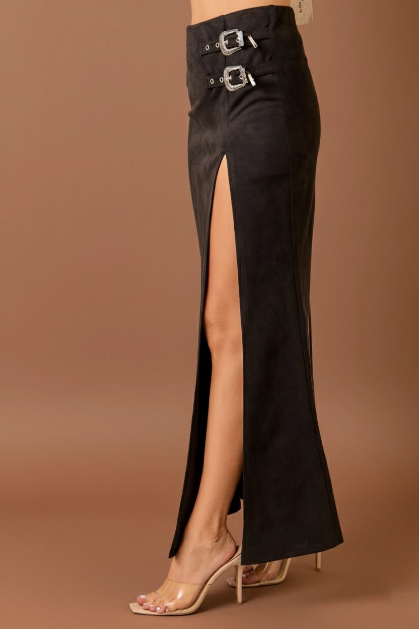 PRE-ORDER: Western Faux Suede Maxi Skirt with High Slit