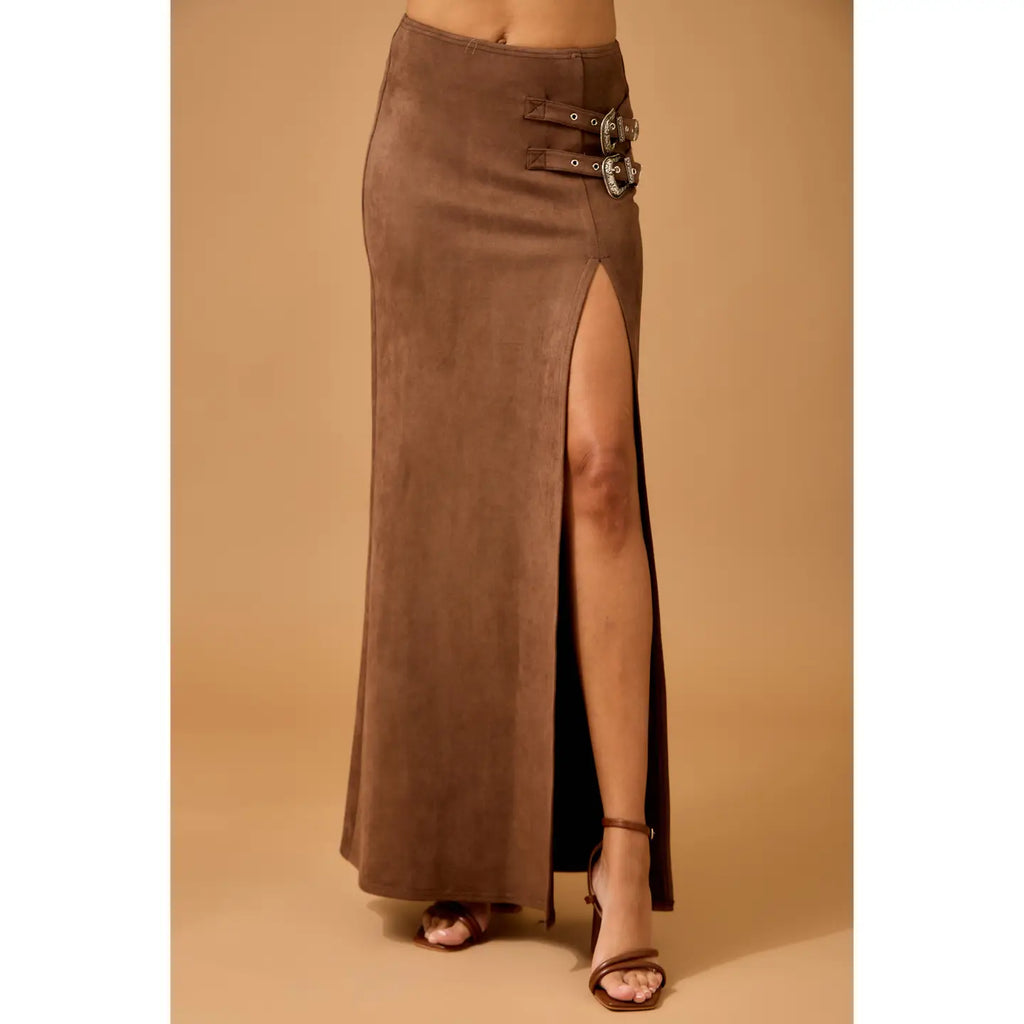 PRE-ORDER: Western Faux Suede Maxi Skirt with High Slit
